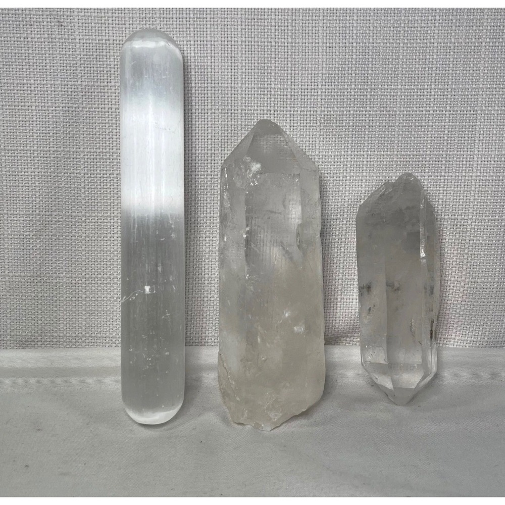 Natural Selenite Wand and Clear Quartz Points Crystal Set 3 Piece Collection